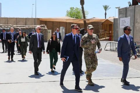 Congressman George Whitesides and members of the House Armed Service Committee meet with U.S. and NATO OIR Armed Forces Members in Baghdad.